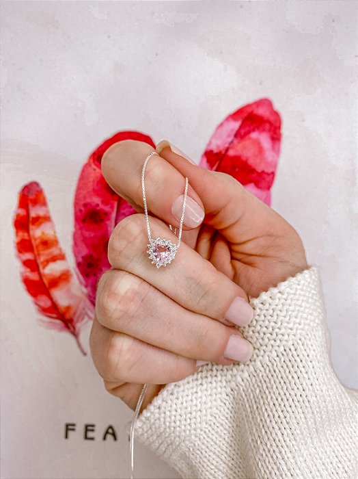 Colar de Coração Brilhante Rosa 45cm