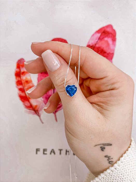 Colar Coração de Zircônia Safira 45cm