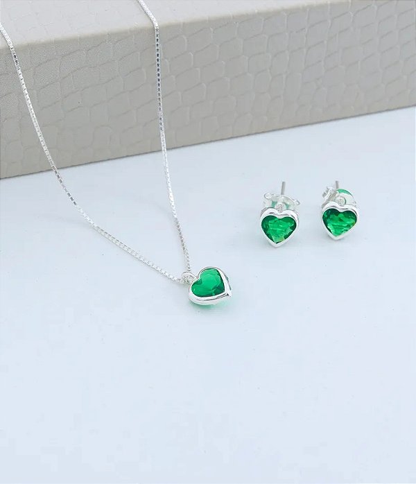 Conjunto Brinco + Colar Verde 45cm