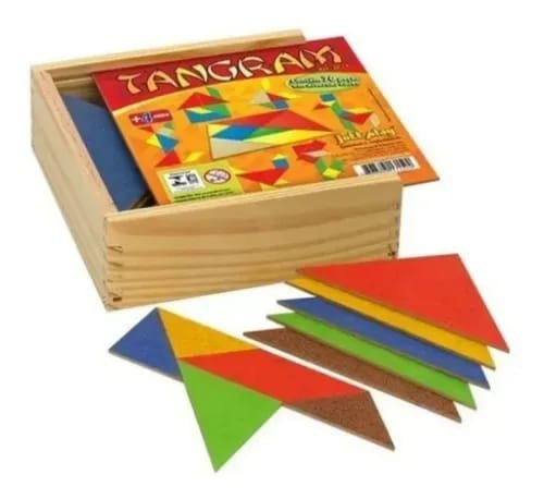 Tangram, conjunto com 10 jogos, 70 peças, com caixa de madeira