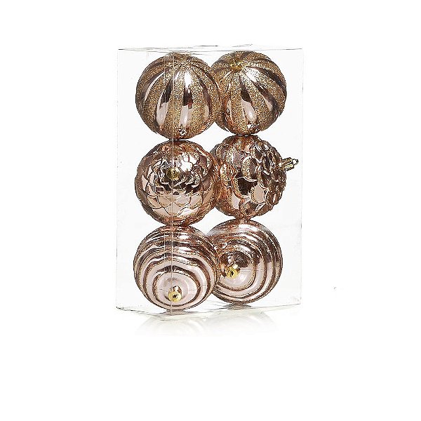 BOLAS DE NATAL 8CM TEXTURADA ROSA CLARO C/ OURO 6 UNIDADES
