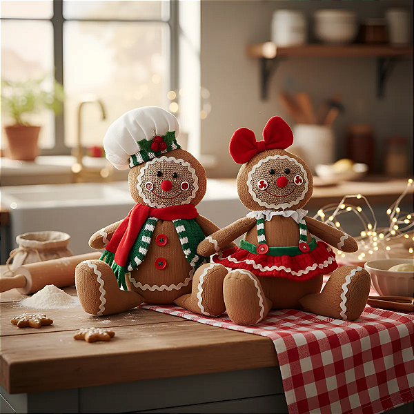Casal Pelúcia Gingerbread Decorativo Enfeite Natalino 26cm
