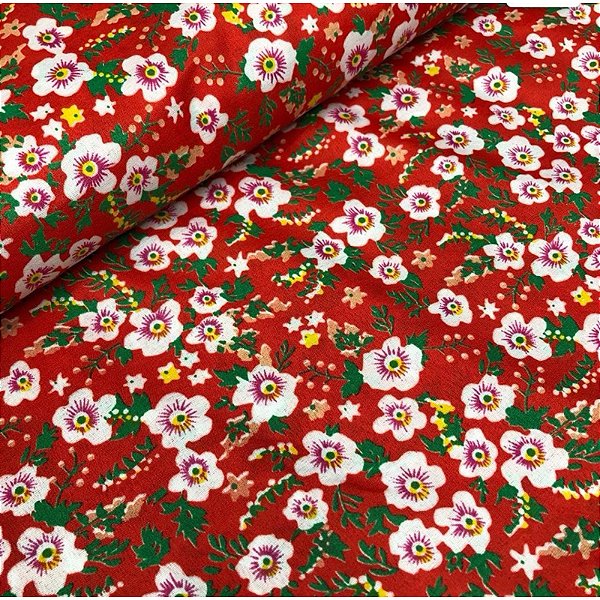 Tecido Chita Chitão Floral Vermelho - 1,40x1 Metro