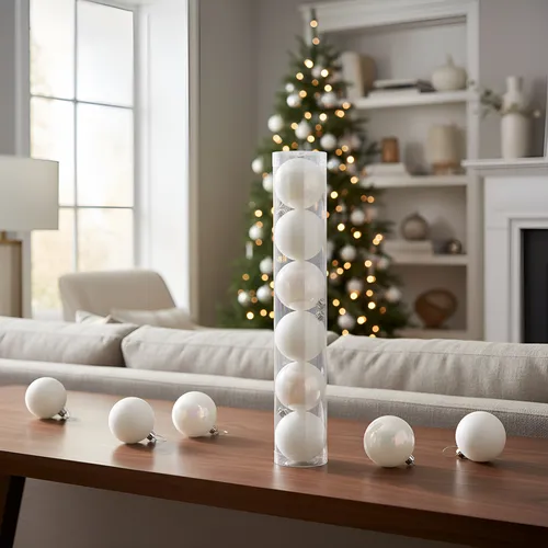 Bolas De Natal Tubo Branco Nacarado 8cm - C/6 Unid