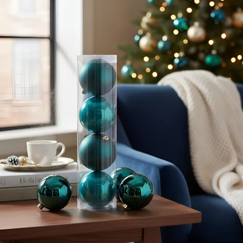 Bolas De Natal Em Tubo Azul Teal 12cm C/4 Unid - Decoração