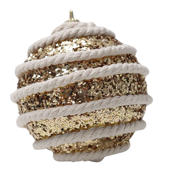 Bola De Natal Glitter Champagne Com Corda Aspiral 8cm - 4 Un