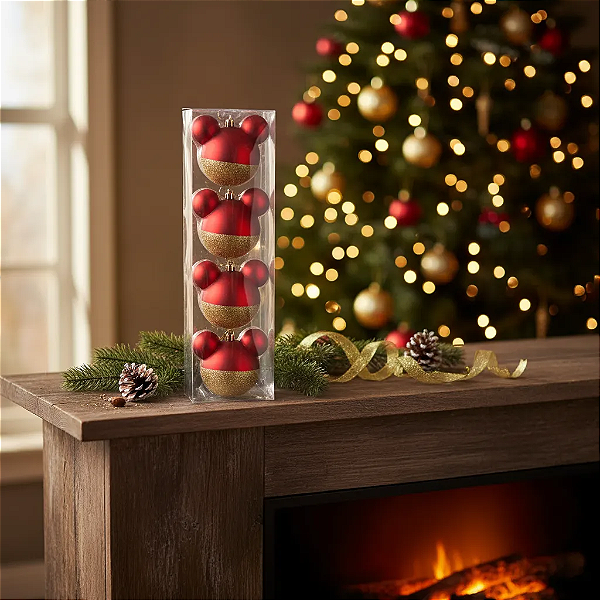 Bola De Natal Disney Verm / Ouro 8cm C/4 Unid - Decoração