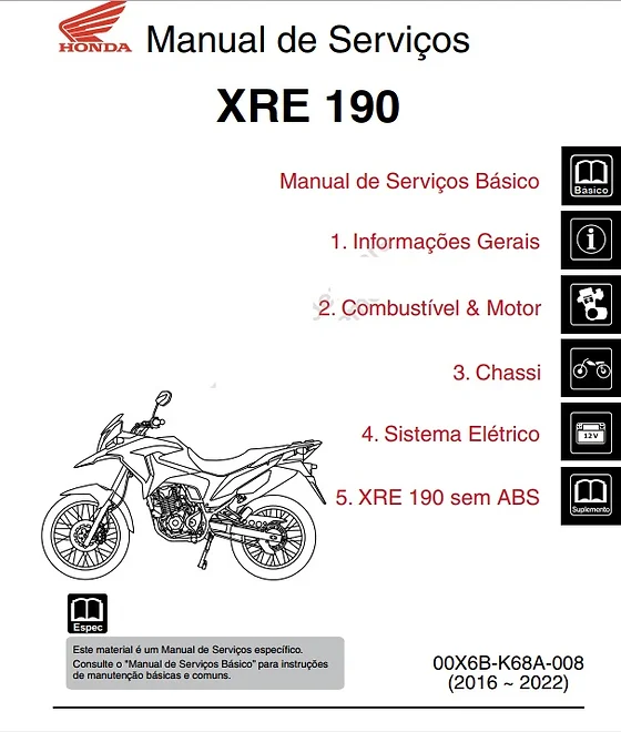 Manual de serviço manutenção (livro digital) da XRE190 Honda