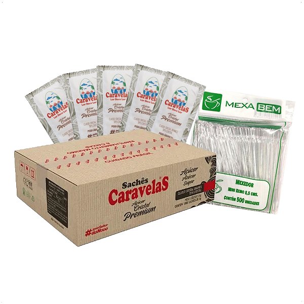 Kit 500 Açúcar Sache 5g e 500 Mexedor 8,5cm de Café Chá