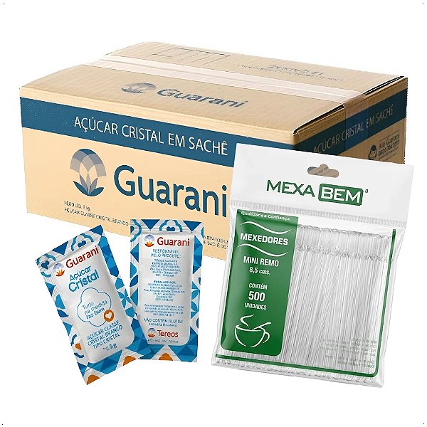 1000 Sachê Açúcar Cristal Guarani 5g 500 Mexedor 8,5 Café Chá Suco