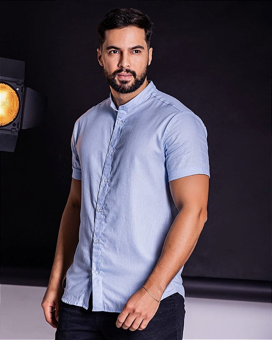 Camisa Azul Bebê Gola Padre - Manga Curta