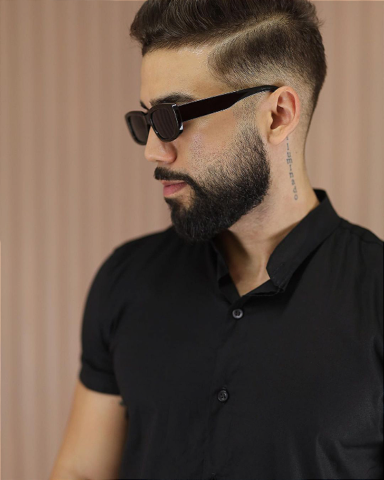 Camisa Preta Gola Padre Manga Curta Slim