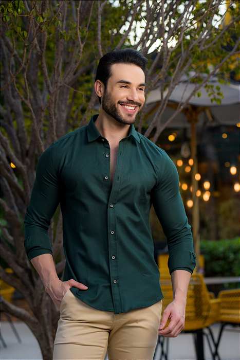 Camisa Verde Bandeira com Elastano - Gola Italiana