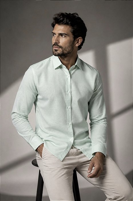 Camisa Verde bebê no Linho Gola Italiana - Manga Longa