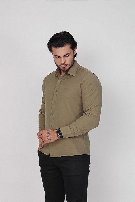Camisa Verde Oliva Manga Longa - Gola Italiana