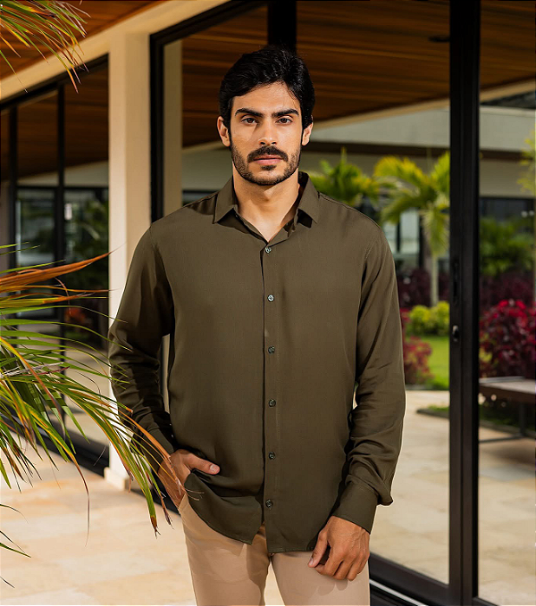 Camisa Verde Oliva Manga Longa - Gola Italiana