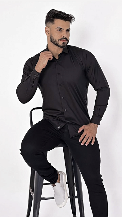 Camisa Preta Manga Longa - Gola Italiana