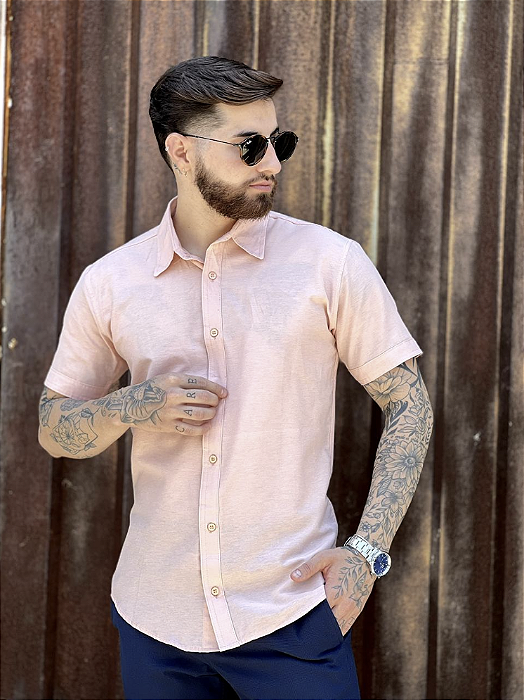 Camisa Rosa Bebê Manga Curta Slim - Gola Italiana