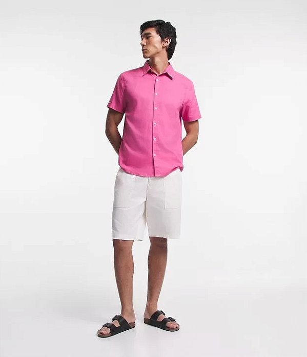 Camisa Rosa Pink Manga Curta Slim - Gola Italiana