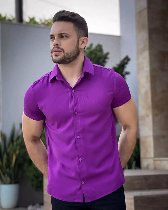 Camisa Violeta Manga Curta Slim - Gola Italiana