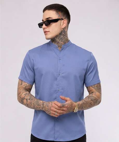 Camisa Cinza Azulado Gola Padre - Manga Curta