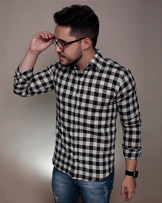 Camisa Xadrez Preta e Branca - Manga Longa