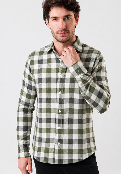 Camisa Xadrez Verde Linho - Manga Longa