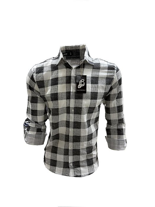 Camisa Xadrez Cinza Linho - Manga Longa