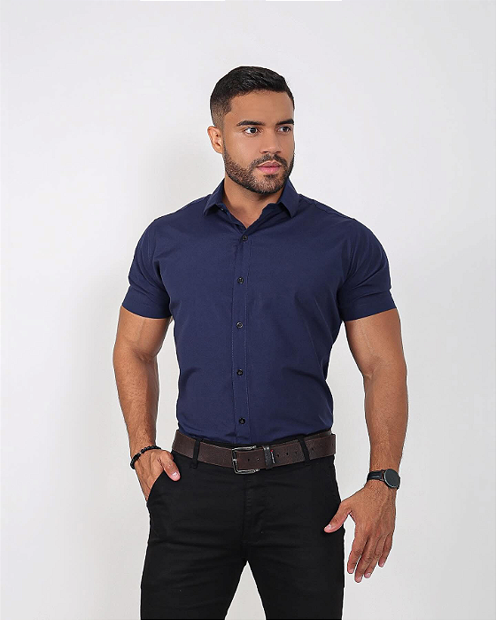 Camisa Azul Marinho Acetinado Gola Italiana - Manga Curta