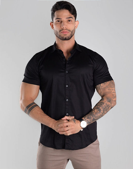Camisa Preta Acetinado Gola Italiana - Manga Curta
