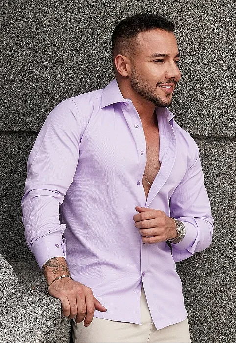 Camisa Lilás no Linho Gola Italiana - Manga Longa