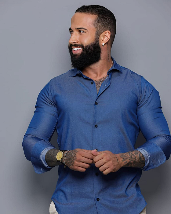 Camisa Azul Escuro Tencel Gola Italiana - Manga Longa