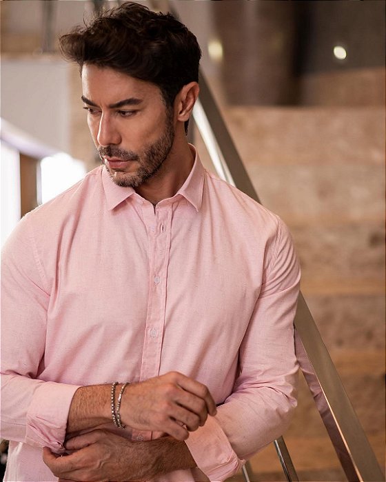 Camisa Rosa Bebê no Linho Gola Italiana - Manga Longa