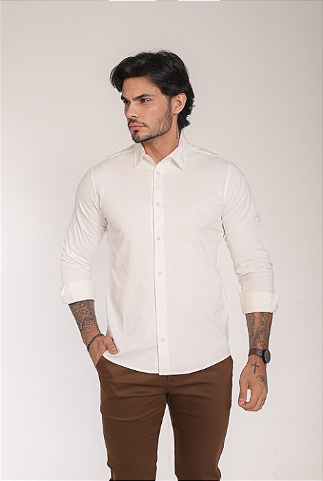 Camisa Off - White Acetinado Gola Italiana - Manga Longa