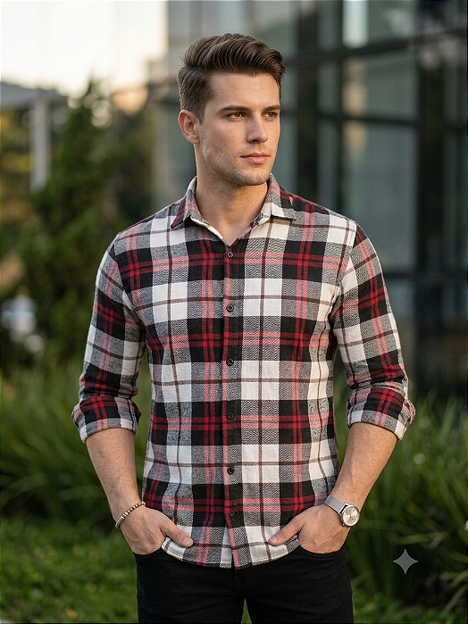 Camisa Xadrez Branco Flanela - Manga Longa