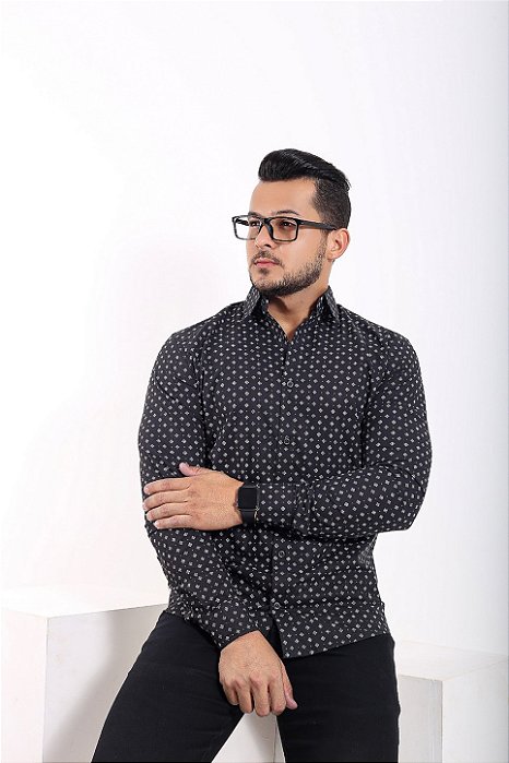 Camisa Estampada Preta Manga Longa Slim - Gola Italiana