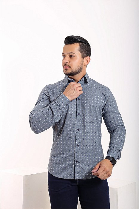 Camisa Estampada Azul Manga Longa Slim - Gola Italiana