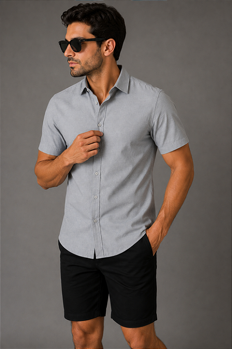 Camisa Cinza Escuro Gola Italiana - Manga Curta