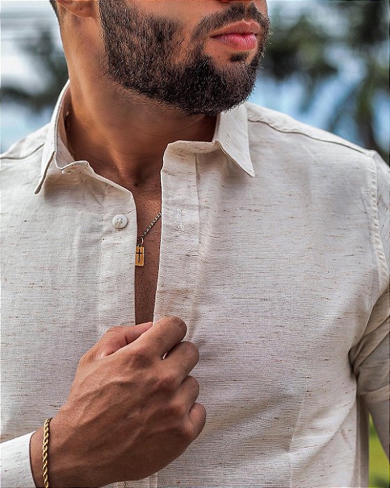 Camisa Social Bege em Linho Gola Italiana - Manga Longa