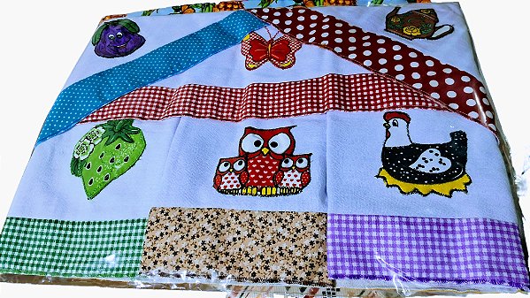 Pano de prato Semaninha, bordado com barrado, pacote com 07 unidades