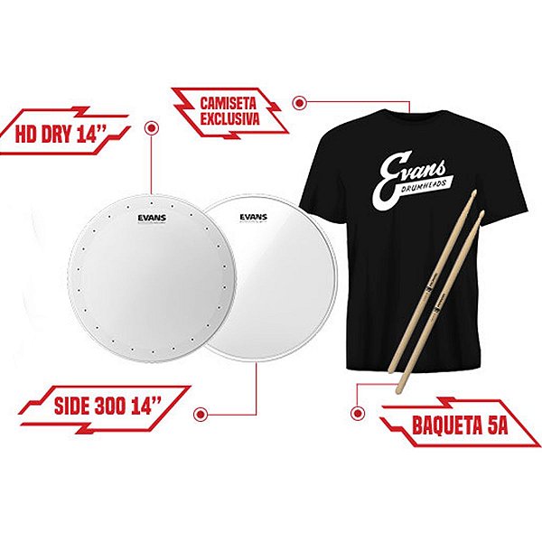 Kit Snare Pele de Caixa 14" com B14HDD + S14H30 + TX5AW + Camiseta Evans