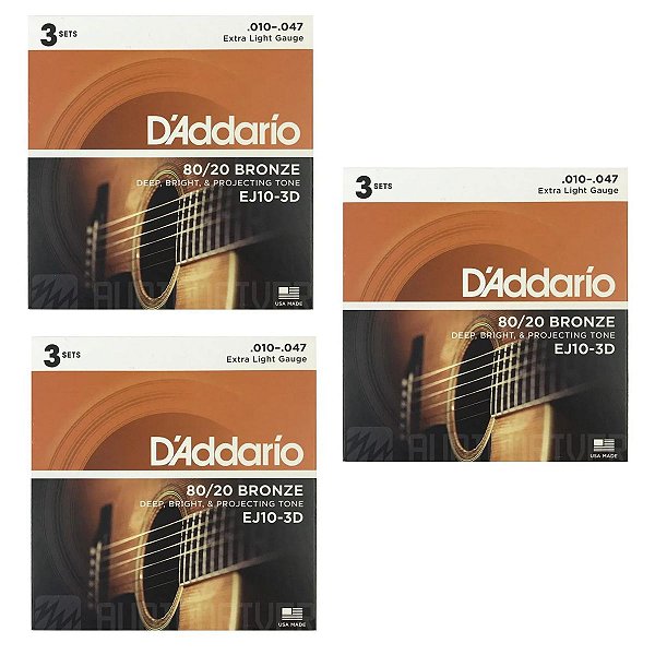 KIT COM 9 Encordoamento D'addário para Violão 010 Aço EJ10