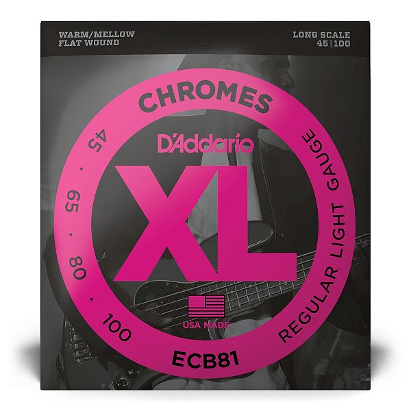 Encordoamento D'addario para Baixo 4 Cordas 045 Escala Longa ECB81 XL Chromes Regular Light #Progressivo