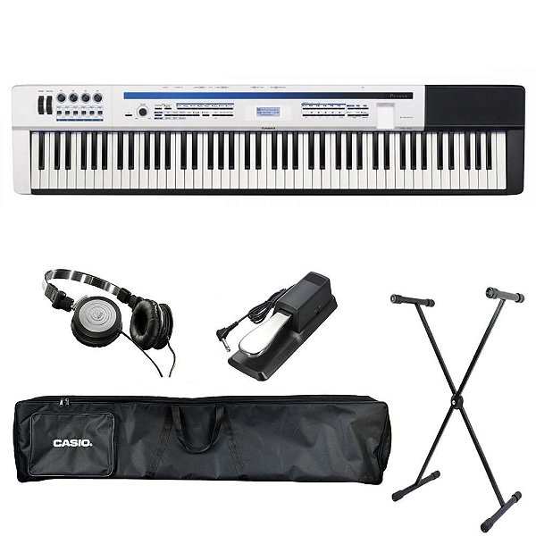 Kit Piano Digital Casio Privia PX-5S WE Branco com Capa estofada, Suporte, Pedal Sustain e Fone