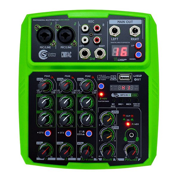 Mesa de Som Analógica 4 Canais Custom Sound CMX 4C Verde com Efeitos, USB e Bluetooth