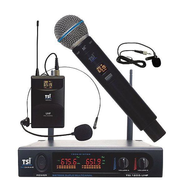 Sistema Sem Fio para Microfone Multicanal UHF TSI 1200-CLI-UHF 96 Canais com Microfone e Lapela com Headset