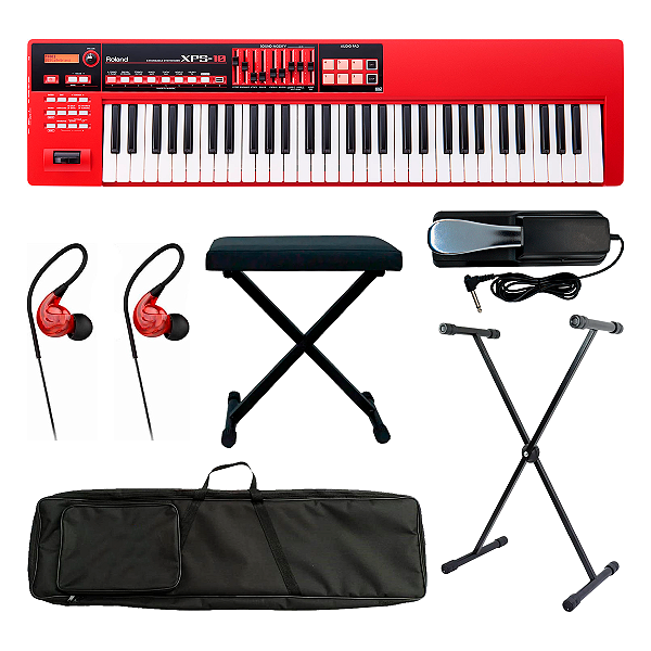 Kit Teclado Sintetizador Roland XPS-10-RD Vermelho + Capa Estofada + Suporte em X + Pedal Sustain Grande + Fone + Banco