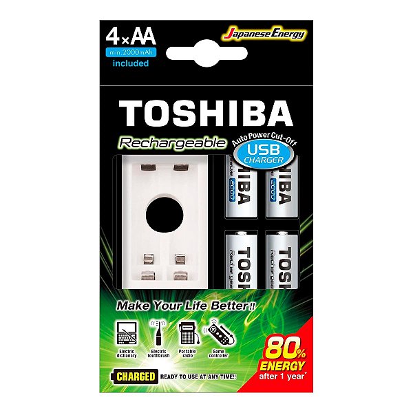 Carregador de Pilhas USB Toshiba TNHC-6GME4 CB com 4 Pilhas AA