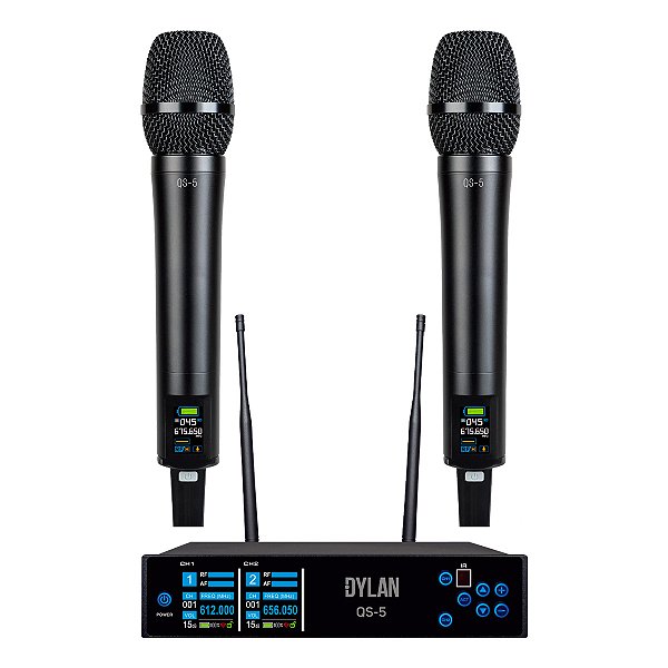 Microfone Sem Fio Duplo 300 Canais Dylan QS-5 com Bateria Recarregável