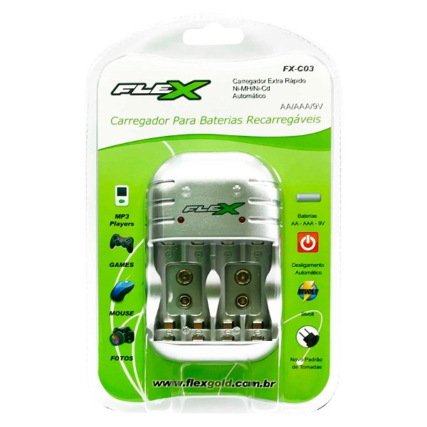 Carregador de Pilhas AA, AAA e 9V Flex Gold FX-C03 Bivolt